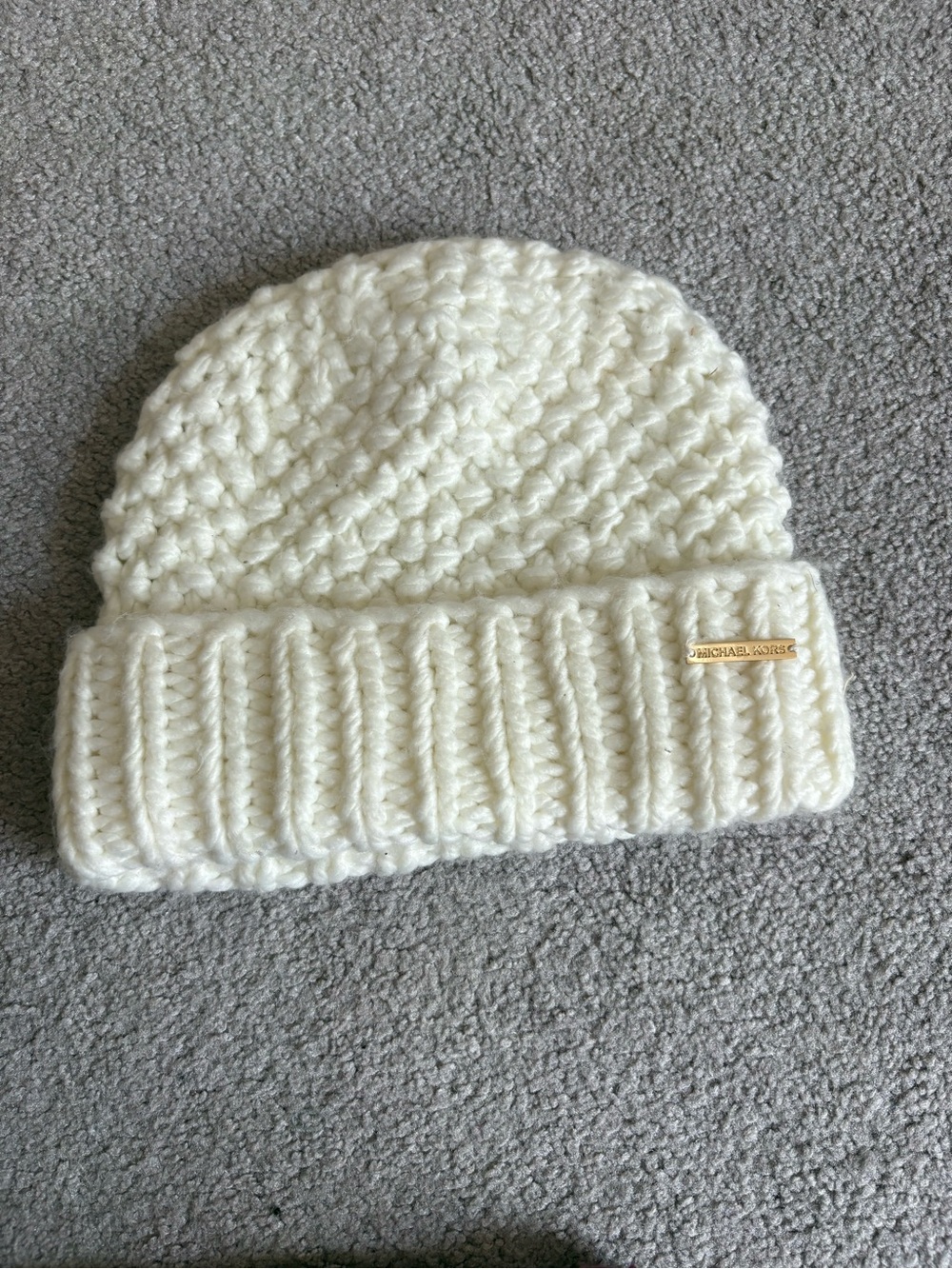 Michael Kors Ivory Chunky Knit Cuff Beanie with Gold Logo